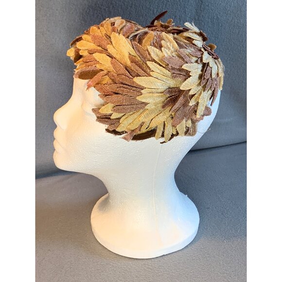 Ladies Tan and Taupe Leaves Hat with Velvet Trim Sz 22 Vintage - Picture 2 of 8